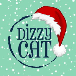 dizzycat logo with red santa hat